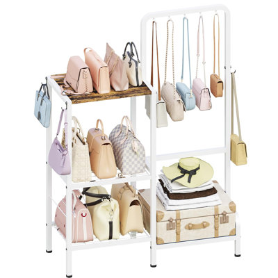 Organisateur de sac à main à 3 niveaux sur pied, porte-sac à grande capacité avec 8 crochets, porte-sac à main multifonctionnel pour divers sacs, présentoir à sac pour garde-robe, chambre à coucher, vestibule, blanc