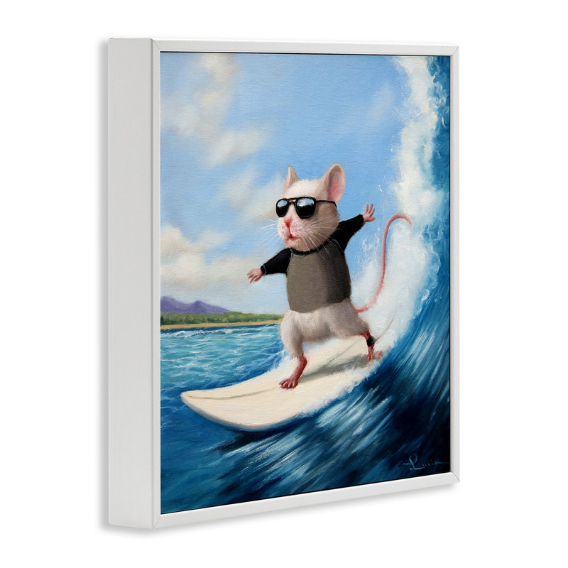 «Cool Surfer Mouse» par Lucia Heffernan, H 24 po x l 24 po, Estampe numérique encadrée blanc bord de mer