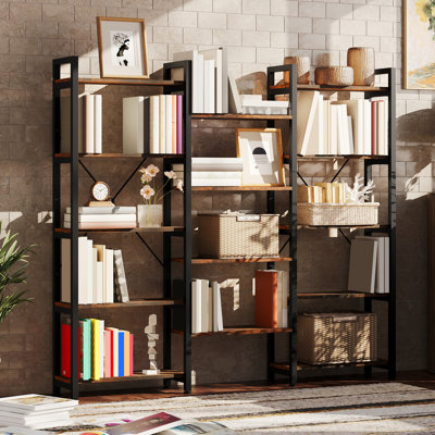 Bibliothèque rustique triple à 5 niveaux avec tablettes ouvertes, bibliothèque industrielle pour le salon, le bureau ou la chambre à coucher