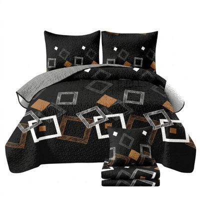 Ensemble d'édredon géométrique moderne 6 pièces avec draps et housses de coussins décoratifs, literie carrée noire et brune matelassée en microfibre toutes saisons, hydrofuge et adapté aux animaux de compagnie (très grand californien, géométrique noir)