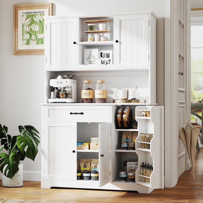 67.7" H Freestanding Kitchen Pantry Cabinet with 5 Doors and Open Shelves, White