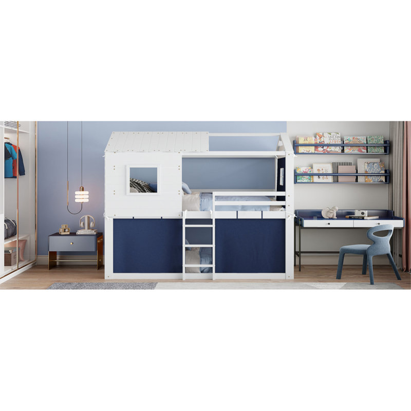 Lit simple superposé en bois avec tente, bleu et blanc (ancien SKU: LT000379AAC), Lit simple, Bleu