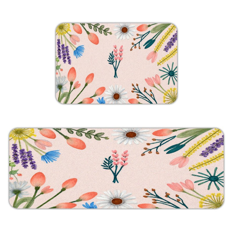 Ensemble de 2 tapis de cuisine pastel à motif floral et herbes