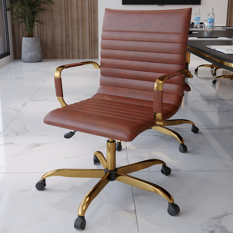 Sorrells Leather Office Conference Chair with Gold Steel Frame – Swivel Task Desk Chair with Adjustable Height, Tilt, and Casters