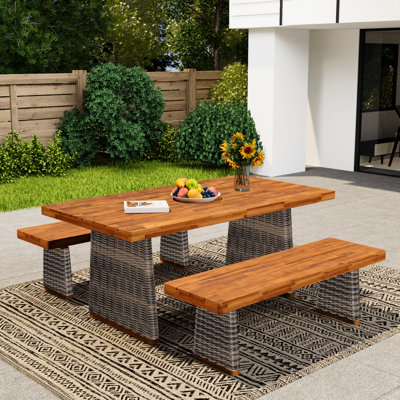 Outdoor 3 Piece Dining , Grey Wood, Handwoven Legs, Drainage - Efficient Setup Wood Stable Structure In