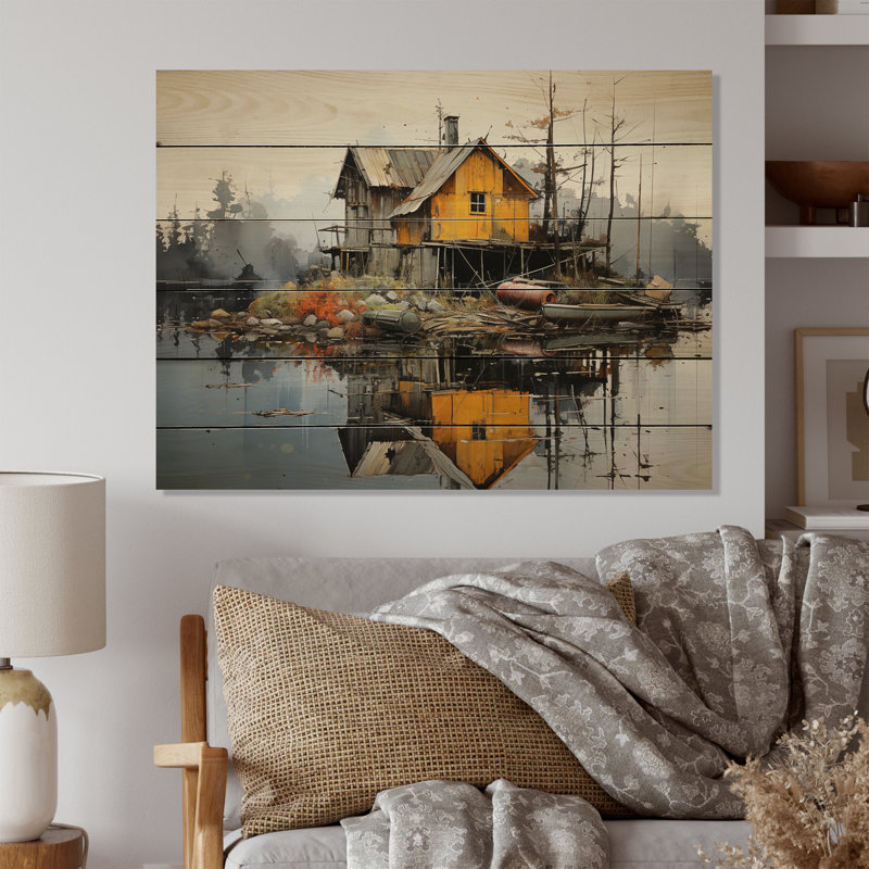 Yellow Lakehouse Pier Reflections II sur impression sur bois, H 24 po x l 32 po x P 0,78 po