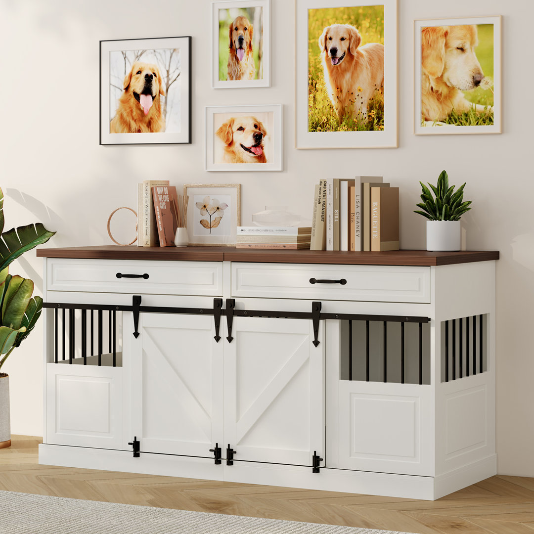 Dog Crate Furniture - Indoor Wooden Furniture Style Dog Crate With Sliding Barn Doors & 2 Drawers - 63"Lx23.6"Wx31.5"H, White Tucker Murphy Pet™
