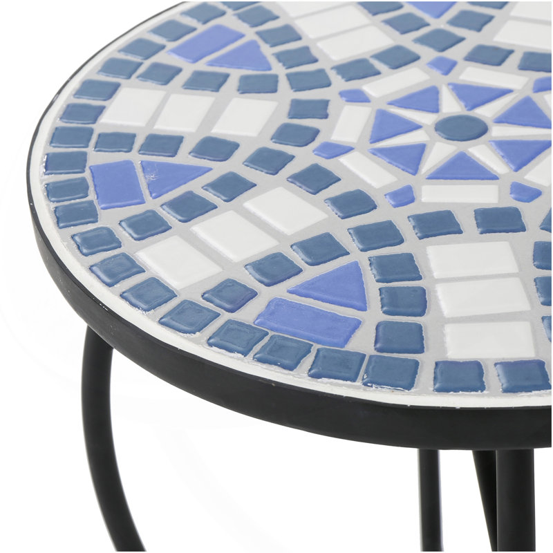 Table d'appoint d'extérieur ronde avec plateau de style mosaïque et pieds courbés en fer