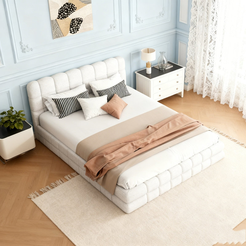 Grand lit plateforme tapissier Berber, Blanc