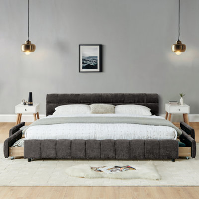 California King Size Upholstered Bed ,Comfortable Upholstered Bed Frame, Chenille Fabric, With Headboard And Solid Bed Frame