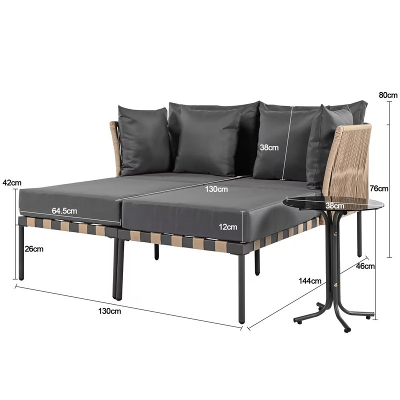 144cm Long Double Chaise with Cushions and Table, Grey