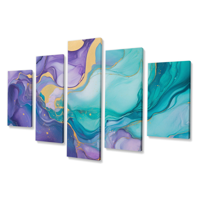 Turquoise et mauve liquide Art II - fractales, décoration murale - 5 panneaux