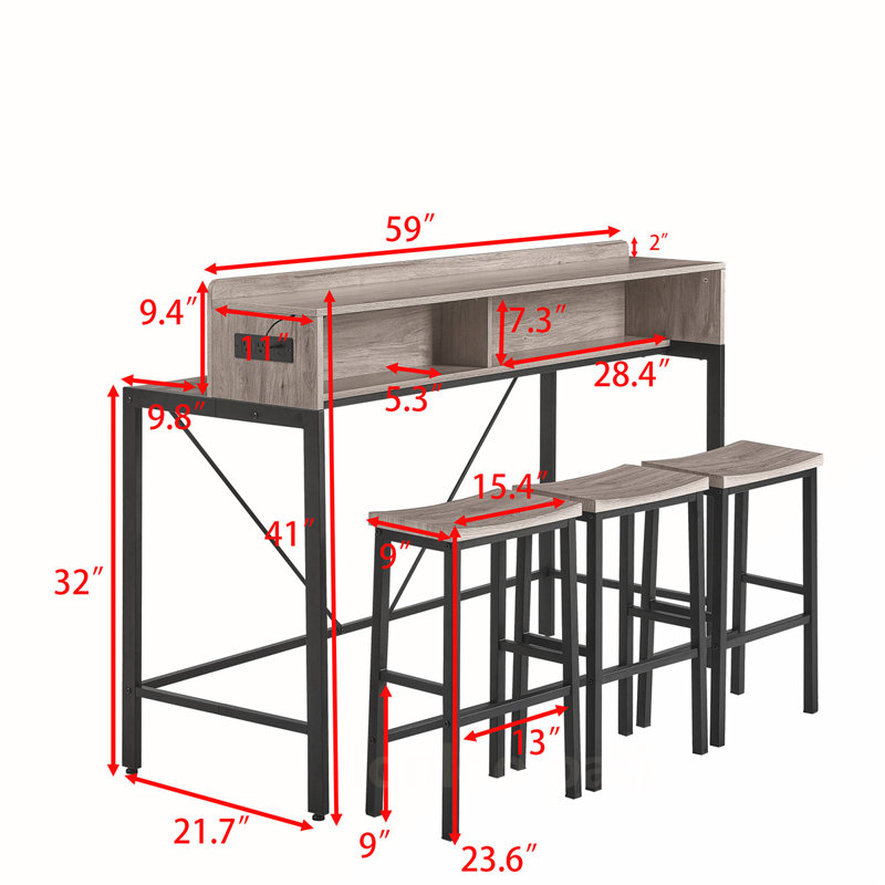Versatile Bar Table Set with Power Socket and LED Light for Multiple Rooms, Gray