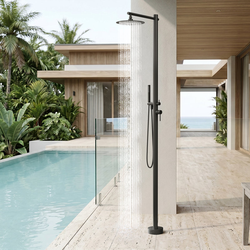 Douche d'extérieur autoportante 86,61 po H, acier inoxydable 316, nickel brossé et noir mat, double fonction chaude et froide avec tête de pluie et douchette