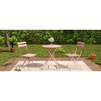 Bistro Table And Chairs Set Of 2, 3 Piece Outdoor/Indoor Folding Patio Bistro Sets, 2 Chair Patio Furniture Set With Table, Premium Frame Foldable Coffee Tables For Balcony, Yard, Garden, PINK