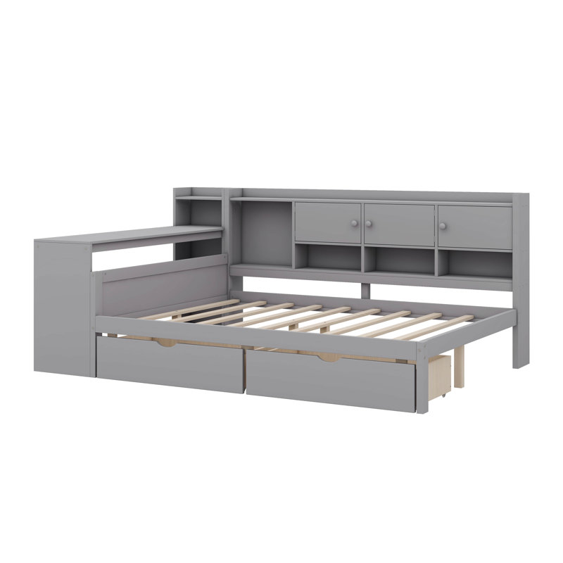 Lit de jour en L en bois avec sept armoires de rangement et deux tiroirs de rangement, lit multifonctionnel avec bureau d'étude et bibliothèque intégrée