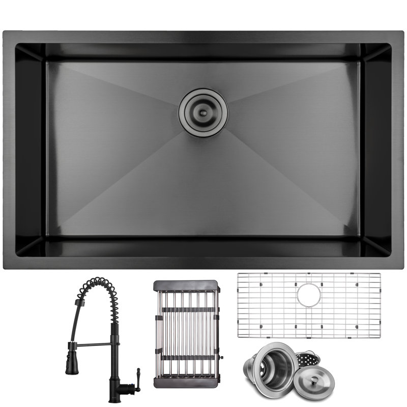 Undermount 32-in x 19-in Gunmetal Matte Black Stainless Steel Single Bowl Kitchen Sink with Faucet, Commercial Coil Faucet