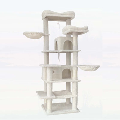 68in Tall Multi-Level Green Cat Tree with Hammocks, Hanging Basket, Cat Cave, Removable Cushion, Scratching Posts - Plush Cat Tower for Indoor Cats, Perfect for Multiple Cats Beige