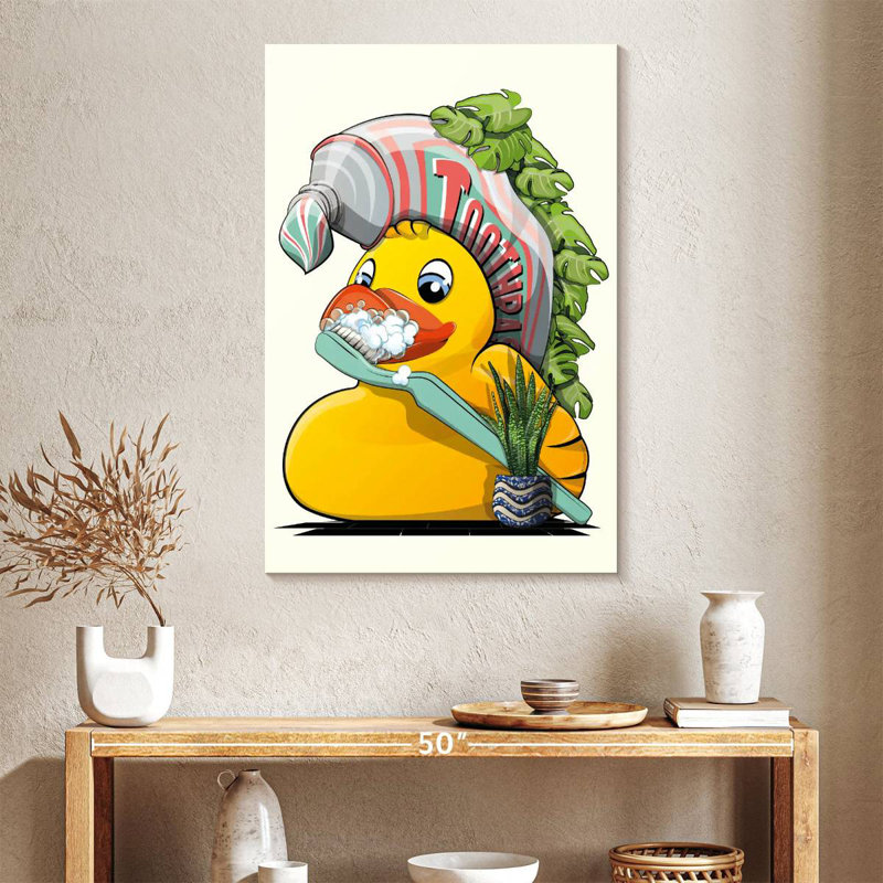 Rubber Duck Brushing Teeth In Bathroom, 39" H x 26" W