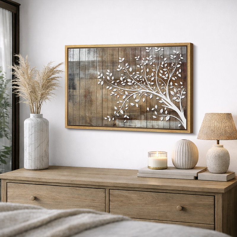 Abstract Tree "White Branch Leaves On Wood Effect Background Artwork, Abstract Neutral Tan Rustic Wall Pictures, Large Framed Canvas Giclee Print Wall Art"