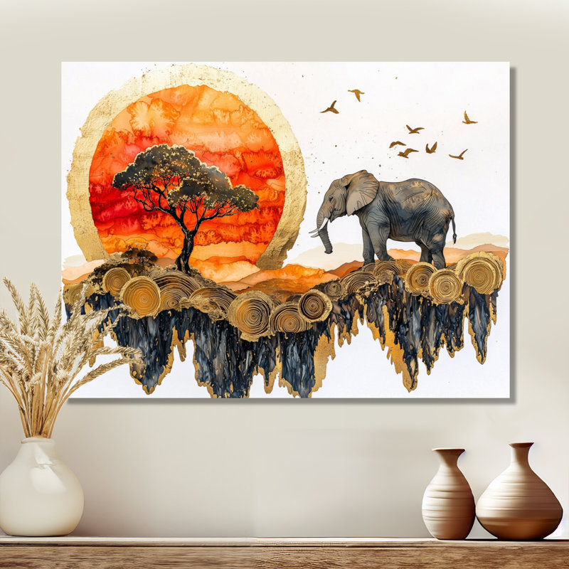 Éléphants au coucher du soleil «Whisper Of The Wild IV» - Impression d'éléphant sur métal, H 16 po x l 32 po