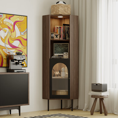 4-Tier Corner Bookcase With Glass Door And LED Sensor Light, Walnut Bookshelf L-Shaped Shelves With Baffles