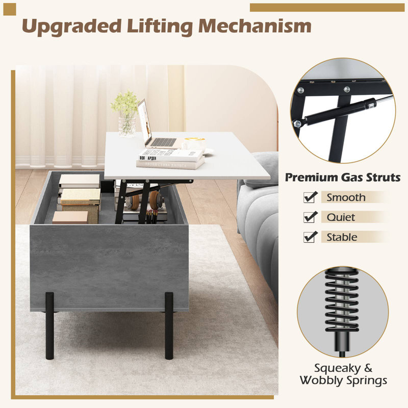 Lift Top Coffee Table with Storage, Grey Top/White Base