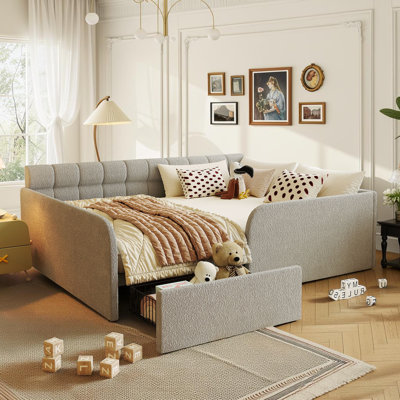 Full Size Upholstered Daybed with Hidden Drawer, Bouclé Upholstery and Vertical Channel Tufting, Sofa Bed, Modern, Living Room