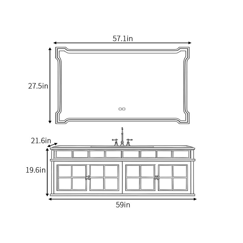 Armoire de salle de bain rétro française, H 19,6 po x l 59 po x P 21,6 po