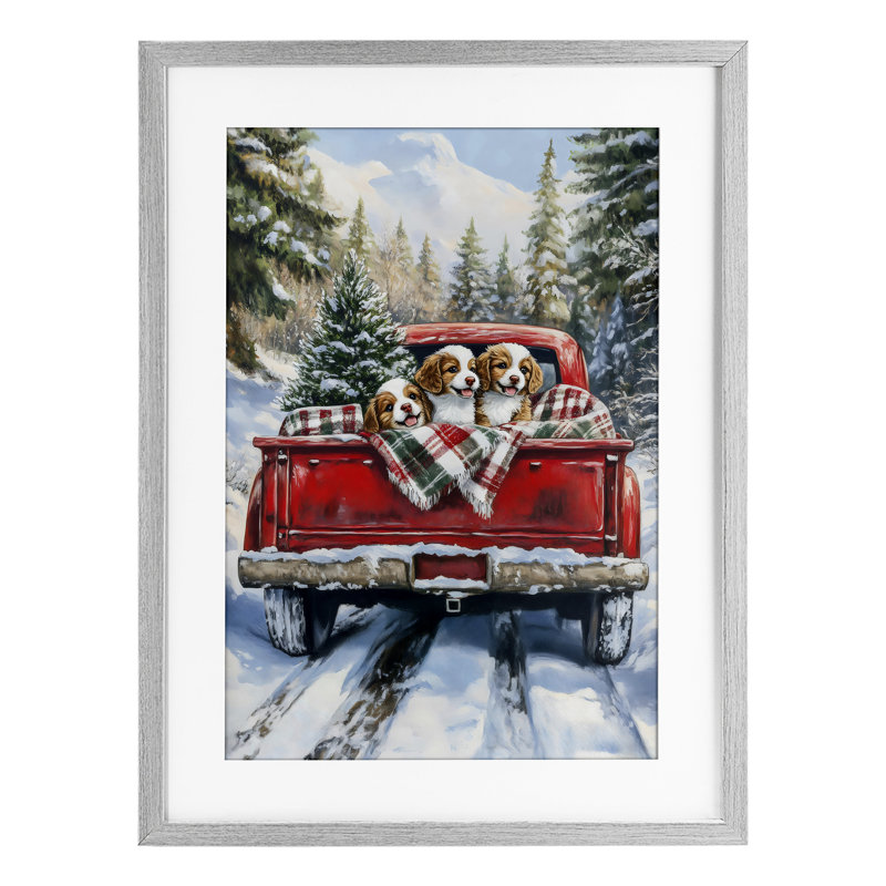 «Christmas Truck Pups Trio», reproduction sous verre encadrée, design par Petal Prints Design, H 23 po x l 17 po