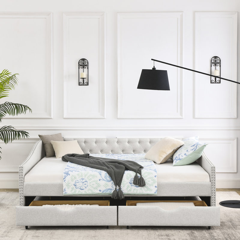Lit de jour grand avec tiroirs et rangement, accoudoirs rembourrés beige, Grand lit, Beige