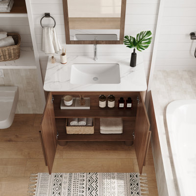 Meuble-lavabo sur pied 36 po avec lavabo, meuble-lavabo rond en grain de bois avec portes doubles et tablette réglable, lavabo sous-comptoir en marbre pour salle de bain