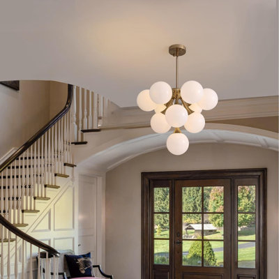 Mid Century Modern Chandelier With Gold Globe Design, 10-Light Pendant Fixture For Dining Room, Living Room, And Kitchen Island