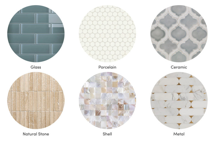 Colllage with six images of mosaic tiles and their materials