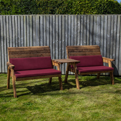 Hand Made 4 Seater Chunky Rustic Wooden Furniture with 2 Benches, Straight Tray & Burgundy Cushions