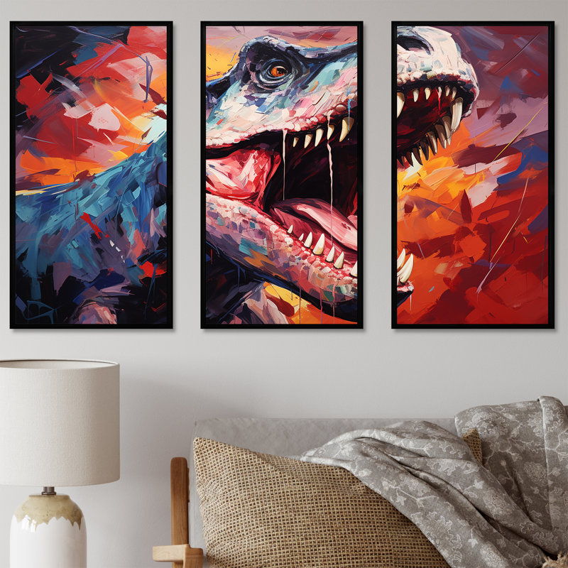 Popart Trex Dinosaur II - dinosaure, art mural, H 40 po x l 60 po, Cadre flottant noir
