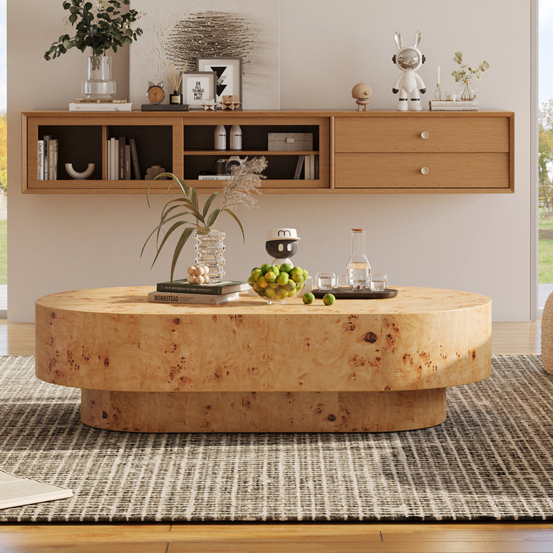 43" Modern Oval Coffee Table With Solid Wooden Veneer, Natural
