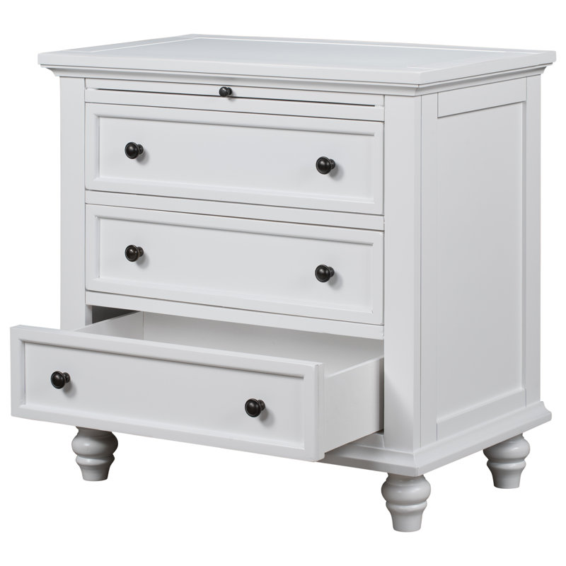 Luminex Traditional 3-Drawer Nightstand with Pull-out Shelf and Solid Wood Legs (Set of 2), White, Set of 2