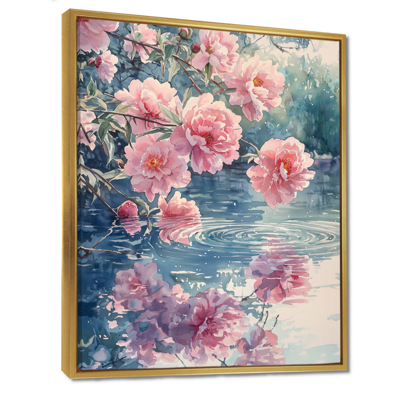 Pe pivoines par The Farm Pond I - pivoines, art mural, H 40 po x l 30 po, Reproduction avec cadre flottant, Doré