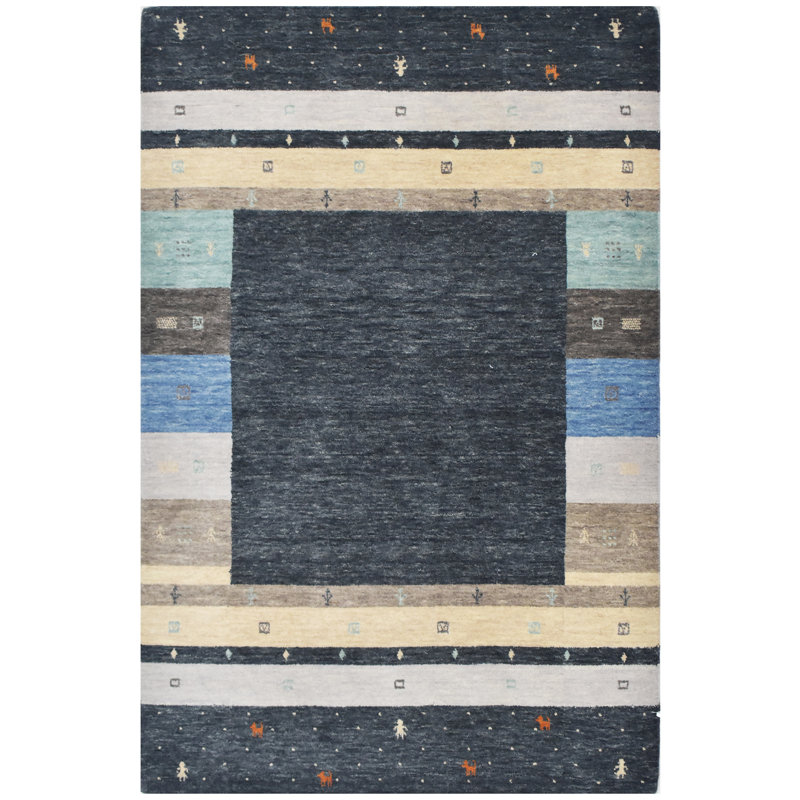 Hand Knotted Wool Area Rug in Black/Beige/Gray/Blue, Rectangle 4' x 6'