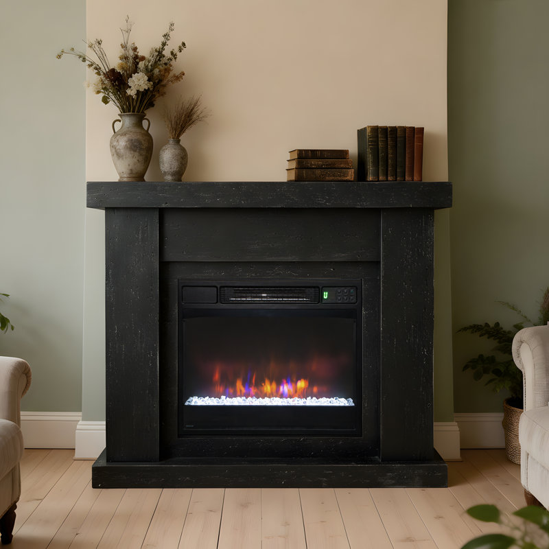 44.5"W Electric Fireplace & Mantel Package, Black Travertine
