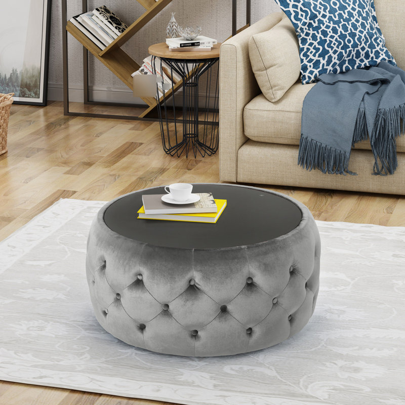 Bouton contemporain en velours fumée avec plateau en verre, l 29,55 po x 14,2 po, l 14 po