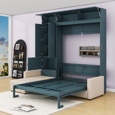 Lit escamotable en bois avec canapé et tablettes
