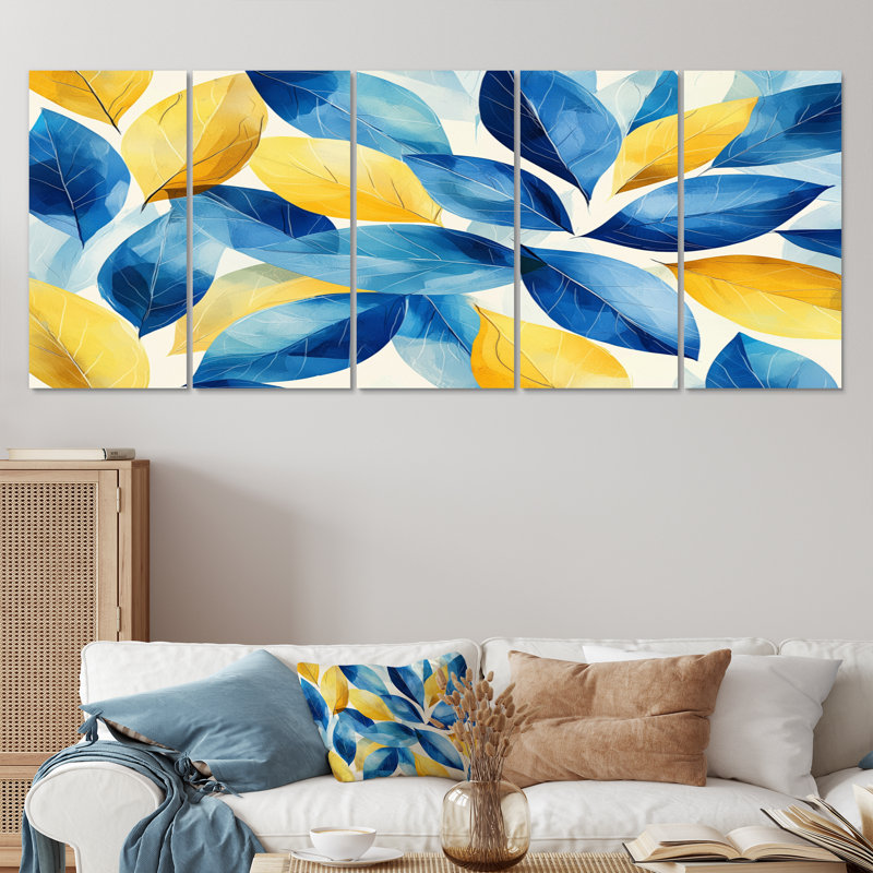 Feuilles numériques bleues et jaunesI - décoration murale jaune - art mural traditionnel, H 28 po x l 60 po, 5