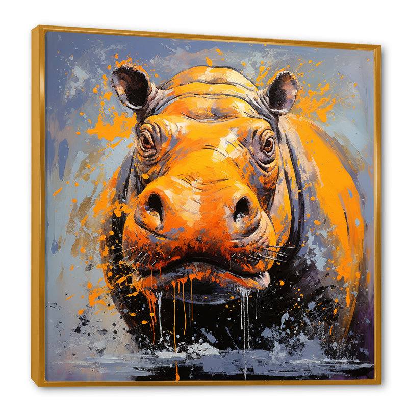 Art mural jaune hippopotame jaune - Hippopotame, H 16 po x l 16 po x P 1 po, Cadre flottant doré