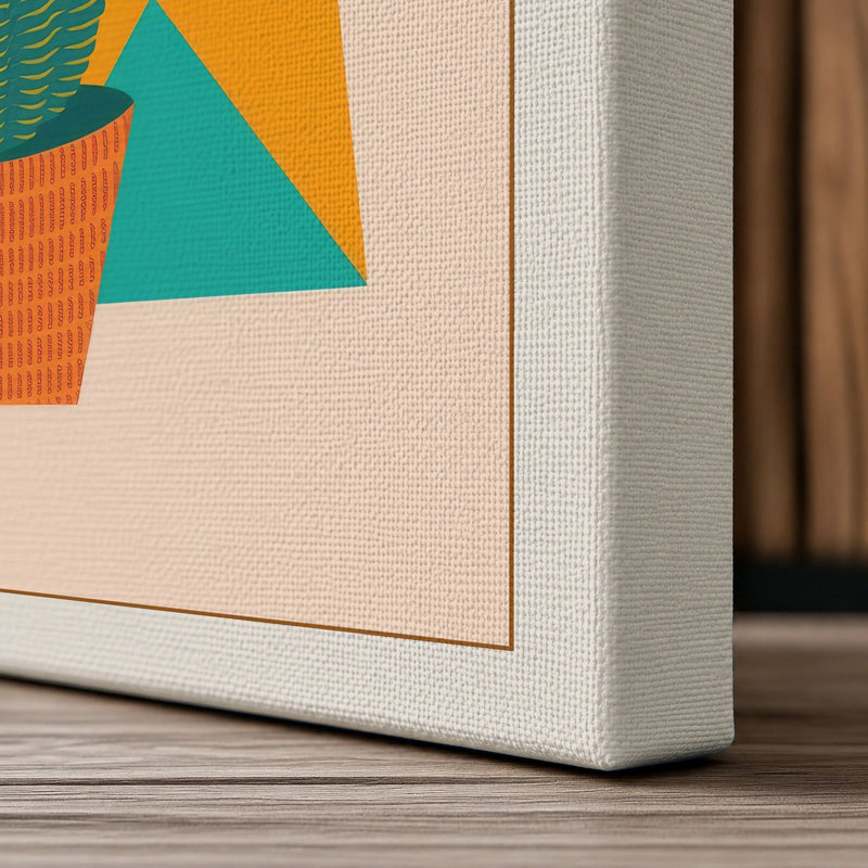 Potted Saguaro in Teal Geometric - Wrapped Canvas, 36x24 - 91.4 x 61.0 cm, Cream Border