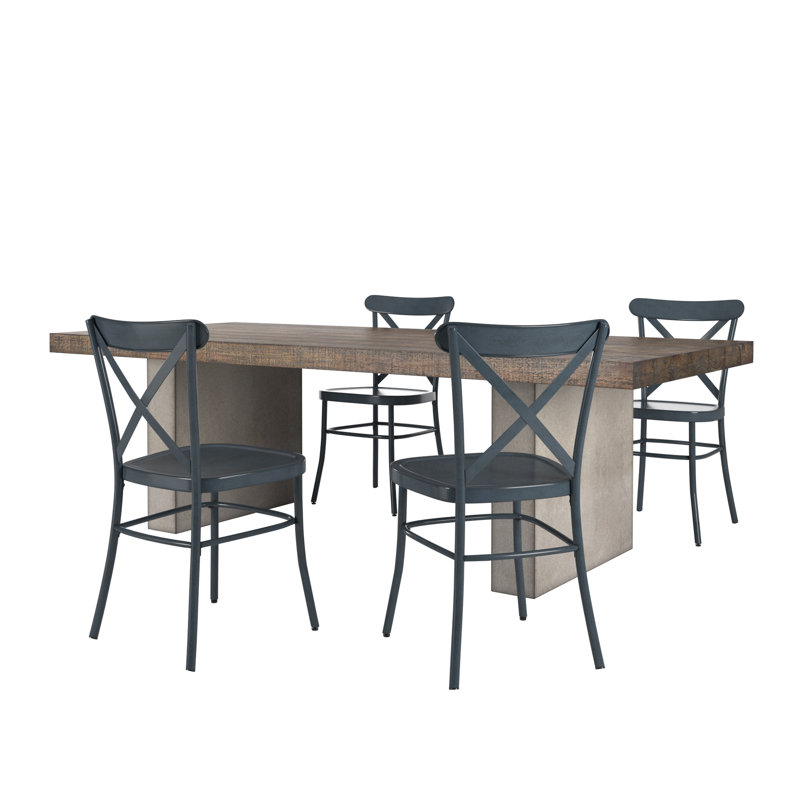 Savannah Reclaimed Finish Wood Top With Concrete Veneer Base Dining Table And X-Back Metal Chairs Set, Navy
