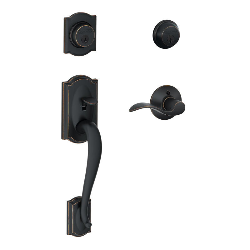 Handleset with Double Cylinder Deadbolt and Door Lever and Rosette, Yes, Keyed Alike, Aged Bronze