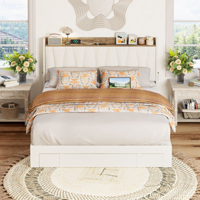 Upholstered Bed Frame with 3 Drawers, Bed with Storage Headboard and Charging Station