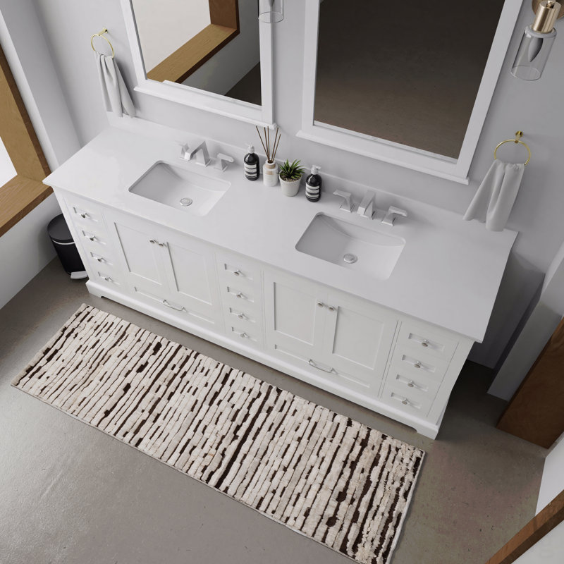 Ensemble de meuble-lavabo double l 84 po x P 22 po avec comptoir en quartz blanc et robinet, Blanc